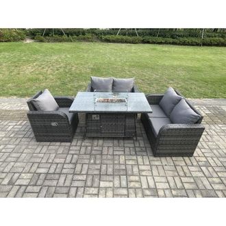 Fimous Patio Rattan Garden Furniture Set with Gas Fire Pit Dining Table Indoor Outdoor 4 piece Love Sofa set - Fimous
