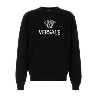 Versace Cashmere Knitwear, male, Black, Size: M Intarsia Cashmere Knit Sweater
