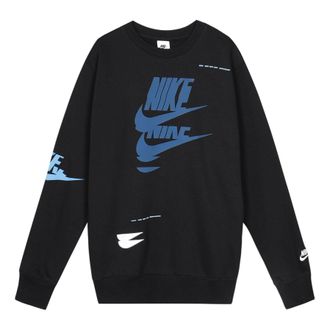 Nike Sportswear Sport Logo Printing Fleece Round Neck Pullover Black Blue DM6876-010
