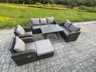 Fimous 8 Seater High Back PE Rattan Sofa Set Outdoor Garden Furniture Dining Table Set With Reclining Chair 3 Seater Sofa in Dark Grey
