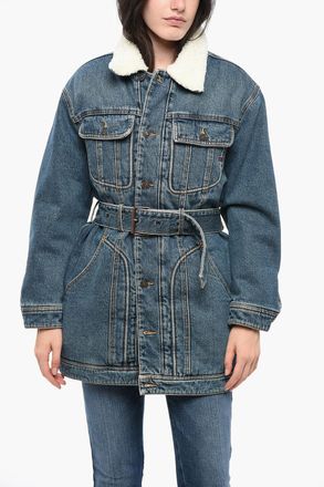 Diesel LIBRARY Denim Coat DE-FLAMINIA-T with Belt and Faux-Fur Lining Diesel