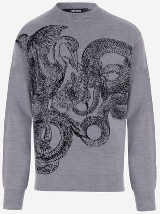 Just Cavalli Reptile-Graphic Wool-Blend Sweater - Gray