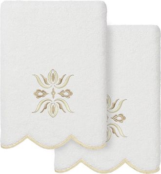 Linum Home Textiles 100% Turkish Cotton Flower Crest Scallop 2Pc Embellished Hand Towel Set