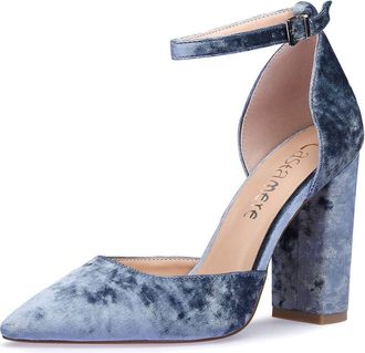 Castamere Womens Block Heel Sandals Pointed Toe Ankle Strap Court Shoes 4IN Heeled Blue Velvet Shoes UK 3.5/4