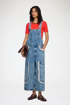 Ganni Blue Overalls Cropped Lace in Rigid Denim - Size 32 Organic Cotton