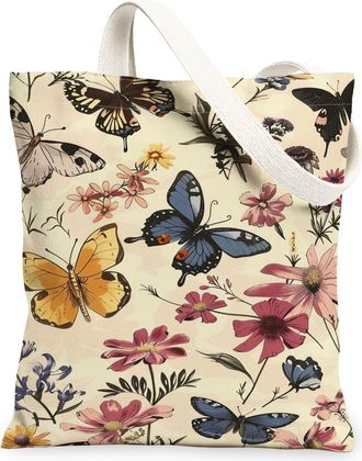 Generic Butterfly Floral Canvas Tote Bags, Lightweight Reusable Shopping Bags, Vintage Chic Design Washable Shoulder Strap Canvas F, Beige, 13x15 Inch