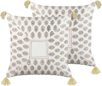 Beliani Conjunto De 2 Cojines De Algod&oacute;n Blanco Rosa Verde Amarillo 45 X 45 Cm Setosa