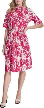 DKNY Floral Elbow-Length Sleeve Cotton Shirtdress in Hot Pnk /Ivory at Nordstrom Rack, Size 14