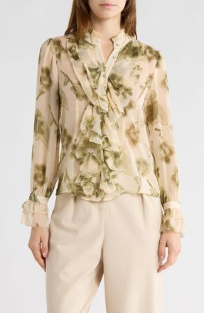 Elie Tahari Ruffle Long Sleeve Top in Green Leaf Print at Nordstrom Rack, Size X-Large