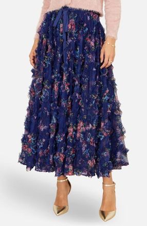 Yumi Floral Ruffle Mesh Midi Skirt in Navy at Nordstrom, Size 10