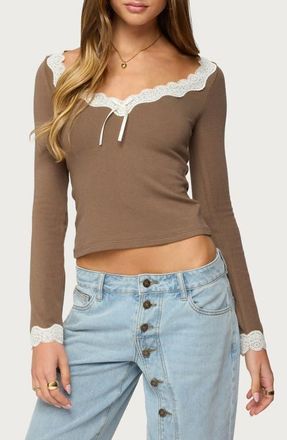Edikted Contrast Lace Trim Long Sleeve Top in Brown at Nordstrom, Size X-Small