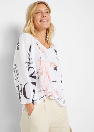 Bonprix Strickpullover BONPRIX, Damen, Gr. 52/54 (XXL), wei&szlig; bedruckt, Obermaterial: 100% Polyester, loose fit, Pullover Strickpullover, aus Polyester, 3/4-&Auml;r