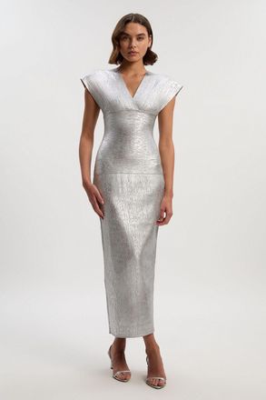 Karen Millen Womens Foil Metallic Figure Form Angel Sleeve Knit Maxi Dress - Silver - Size X-Small