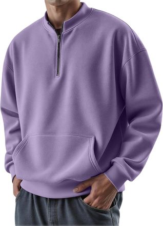 Generic Mens Quarter Zip Pullover Solid Mock Neck Lightweight Sweatshirt Long Sleeve Polo Shirt Sweaters Business Casual Pullover Tops Purple
