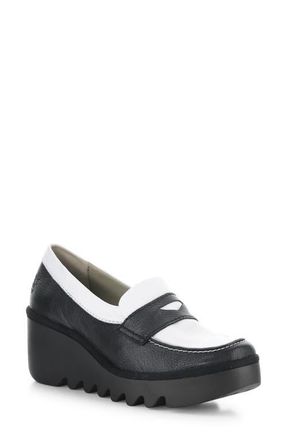 FLY London Bilz Platform Wedge Loafer in Black/White at Nordstrom, Size 10-10.5Us