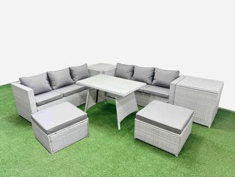 Fimous 8-seater Patio Rectangular Table 3 Seater Sofa Set with 2 Side Tables in Light Grey