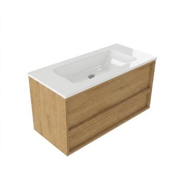 Saniclass Holz Frame Badkamermeubelset - 100x45x77.5cm - Torino solid surface wastafel wit - zonder kraangat - 2 lades - mat eiken natural (hout)