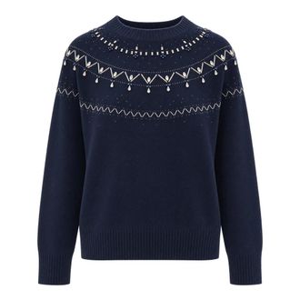 Liu Jo Maglia Girocollo Ricami con Perline e Castoni Gioiello - Dames - Ronde hals truien - Blauw - S - Wol - Truien & Vesten