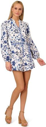 Adrianna Papell Print Tie Front Romper Womens Dress White/Blue : 10, Cotton