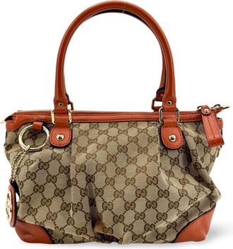 Gucci Sukey Top Handle Satchel Gg Canvas With Leather Brown Canvas Handbag (Pre-Owned)