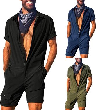 Generic Mens Bodysuit Romper, MenS One Piece Jumpsuit Short Sleeve Mens Romper Jumpsuit Men Zip All One In Short Sleeve Jumpsuit One Piece Shorts Set Mens Rom
