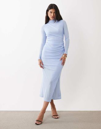 Asos Vestito midi accollato a maniche lunghe in rete arricciato azzurro-Blu