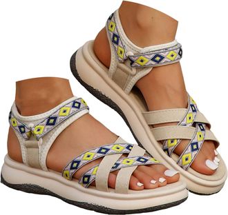 Generic Hiking Sandals for Women 2026 Dressy Summer Ankler Straps Water Sandal Breathable Cloth Mesh Walking Sandals Women Print Comfortable Sport Orthopedic 