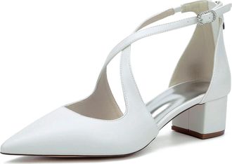 Generic Womens Wedding Shoes Pointy Toe Low Heel Bridal Chunky Heels Wedding Evening Shoes Pumps 4.5Cm,White,10 UK