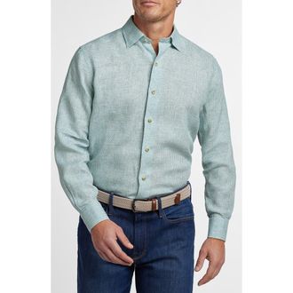 David Donahue Linen Check Sport Shirt in White/Green at Nordstrom, Size Xx-Large