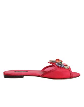 Dolce & Gabbana Red Embellished Flats Slip On Sandals Womens Shoes