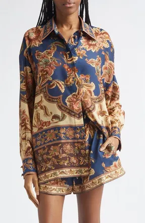 Zimmermann Aster Floral Border Print Silk Shirt in Navy Jacobean at Nordstrom, Size 0P