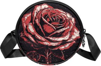 Generic Circle Crossbody Bag for Women, Red Black Rose Small Sling Bag Daypack with Zipper Adjustable Shoulder Straps Casual Ladies Girls Round Purse