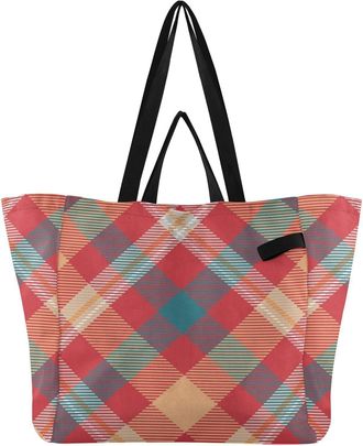 Generic Red Beige Plaid pattern Reusable Canvas Tote Bag, Heavy Duty Grocery Shopping Bag with Hard Bottom Large Capacity Double Handles Work Groceries Travel