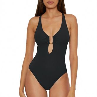 BECCA by Rebecca Virtue Womens Ribbed Plunge Neck Tie Back One Piece Swimsuit In Black