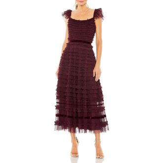 Mac Duggal Womens Ruffle Cap Sleeve Embellished Tiered Midi Dress in Amethyst at Nordstrom, Size 12