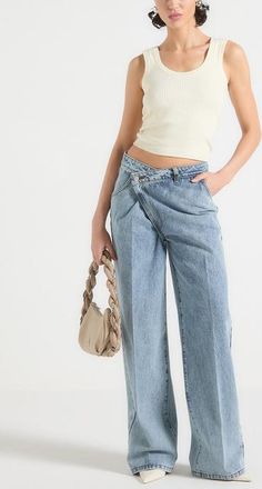 Mani&egrave;re De Voir Astrid Wrap Denim Wide Leg Jeans in Mid Blue at Nordstrom, Size 12