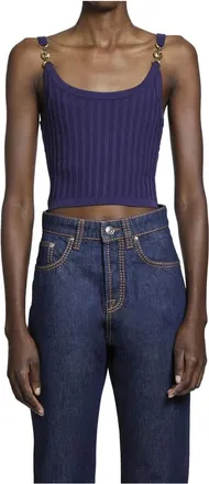 Versace Tops, Dames, Paars, XS, Nylon, Stretch Viscose Mesh Ribbed Knit Top