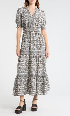 Max Studio Floral Short Sleeve Tiered Maxi Dress in Cream/Black Majestic Looms at Nordstrom Rack, Size X-Small