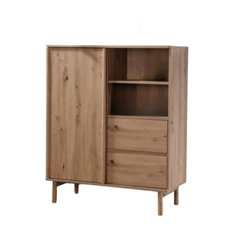 Calicosy Aparador alto con 1 puerta corredera y 2 cajones en acabado roble