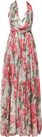Dolce & Gabbana White Floral Silk Halter A-line Maxi Womens Dress (Pre-Owned)