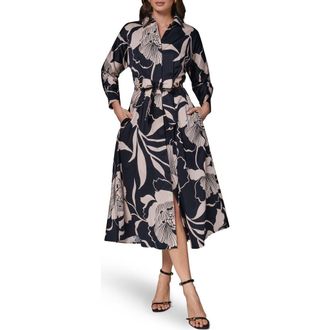 DKNY Floral Long Sleeve Fit & Flare Shirtdress in Black/oat Multi at Nordstrom, Size 16