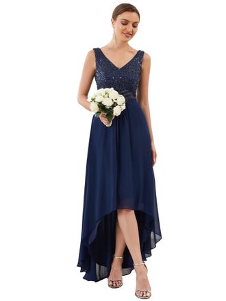 Ever-pretty Womens Hi-Low Elegant Empire Waist V Neck Sleeveless Chiffon and Sequin Bridesmaid Dresses Navy Blue 26UK