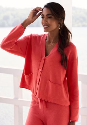 Elbsand Strickjacke ELBSAND, Damen, Gr. 32/34, rot, Feinstrick, Obermaterial: 55% Baumwolle, 45% Nylon, unifarben, figurumspielend h&uuml;ftlang, tiefer V-Ausschni