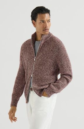 Brunello Cucinelli Virgin wool, silk and cashmere chin&eacute; cardigan with zipper in Burgundy at Nordstrom, Size 44