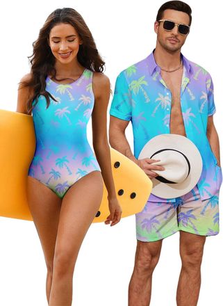 Generic Couples Matching Hawaiian Outfits Beach Vacation Tropical Print Swimsuit Women One Piece Swimwear or Men Shirt Suit-M