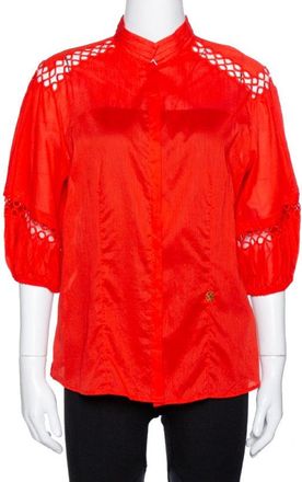 Roberto Cavalli Red Cotton Eyelet Lace Detail Blouse