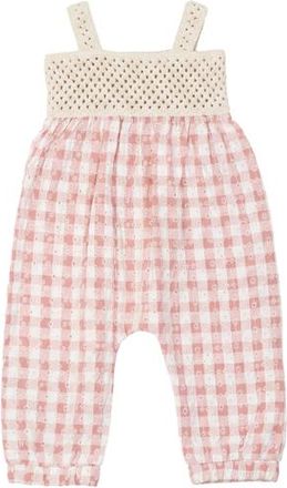 Lola Girl Checkered Flower Embroidery Adjustable Strap Overall in Pink at Nordstrom, Size 12M