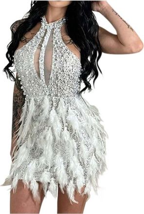 Generic Womens Sequin Feather Party Cocktail Dress Sleeveless Hollow Out Bodycon Mini Dress Evening Dress Short Glitter, White, XL