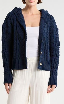Bobeau Cable Knit Hooded Cardigan in Navy at Nordstrom Rack, Size X-Large