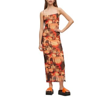 HUGO BOSS Hugo Dames/Dames Spaghetti Maxi Jurk van Mesh (Oranje/zwart)